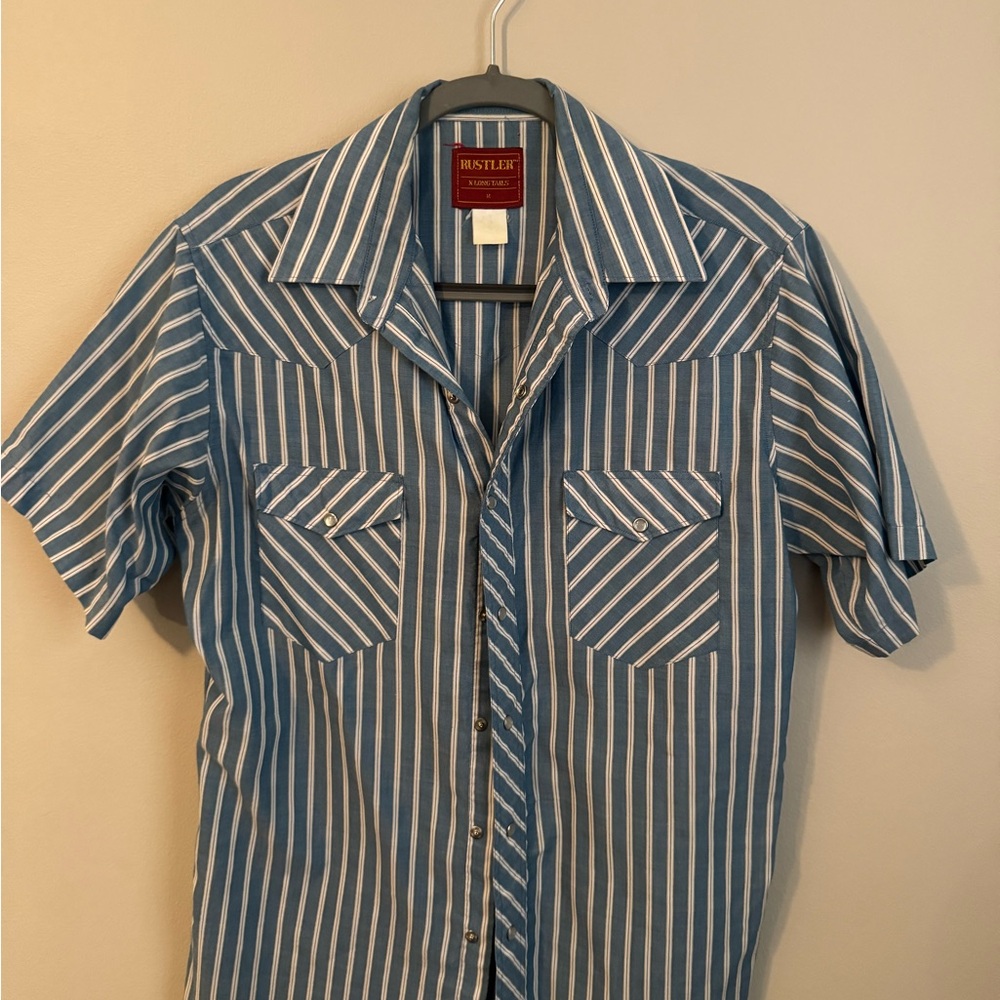 Hustler Hollywood Men's Blue and White Striped Shirt